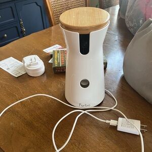 Furbo 360 Dog Camera Treat Dispenser in White with Wood Top